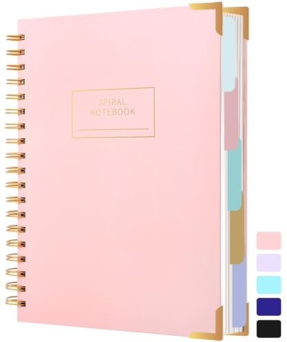 Yoment Hardcover Spiral Notebooks for Work School, B5 Journal Notebook with Tabs Dividers, Multi 5 Subject Notebook College Ruled, 240 Pages Lined Journal for Women, Pink