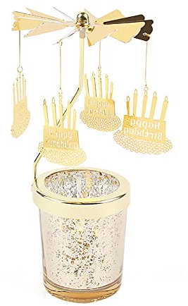 Alles Gute zum Geburtstag Teelicht Karussell Windlicht Glas Teelichthalter Gold Teelichter Rotierender Kerzenhalter Metall Kerzenständer für Valentinstag Deko Hochzeit Dekoration Wohnzimmer Tischdeko