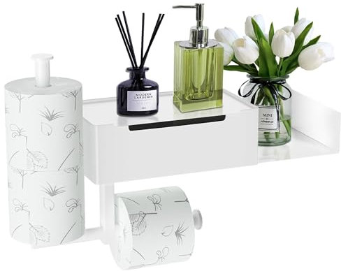 Porte Papier Toilette, Porte Papier Toilette Mural sans Perçage avec Étagères et Boîte à Lingettes Humides, Support Papier Toilette avec 2 Porte Rouleau pour Salle de Bain et Cuisine, Blanc