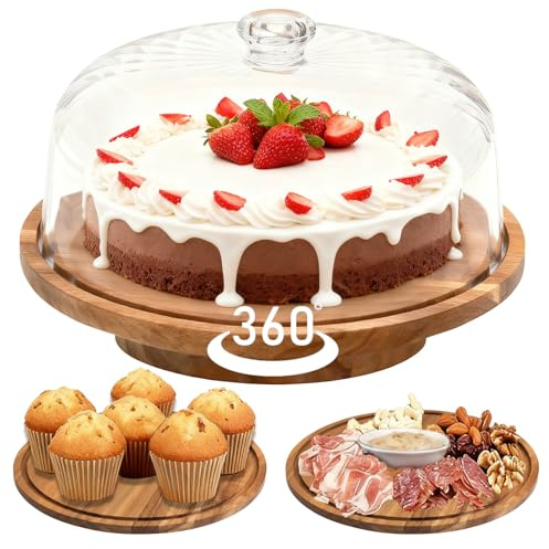 cutesun Cake Stand with Lid, 10.8'' Shatterproof Acrylic Dome (Not Glass), 11.8'' Rotating Acacia Wood Cake Display Stand for Wedding Birthday Party Dessert