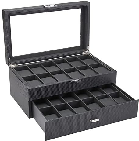 IRYZE Uhrenetui Uhrenbox Uhrenkoffer Uhrenkasten Kohlefaser-PU-Leder 2 Schichten 24-Gitter-Uhrenaufbewahrungsbox Mit Schublade Abschließbarer Schmuckhalter-Vitrine Uhrenrolle Uhren Aufbewahrungsbox
