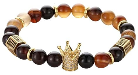 Whoiy Perlenarmband, Zirkonia Armband Legierung Gelb Krone und Sechseckige Säule Geburtstagsgeschenk Perlenarmband 19cmx8mm