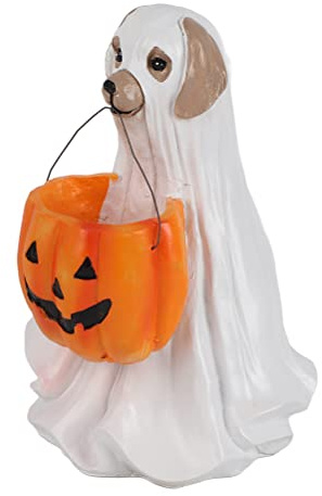 BEIJIALY Halloween Candy Bowl Holder, Halloween Resin Dog Ornaments with Candy Bowl, Halloween Pumpkin Snack Bowl Stand for Trick Or Treat Indoor Outdoor Halloween Decor(White)