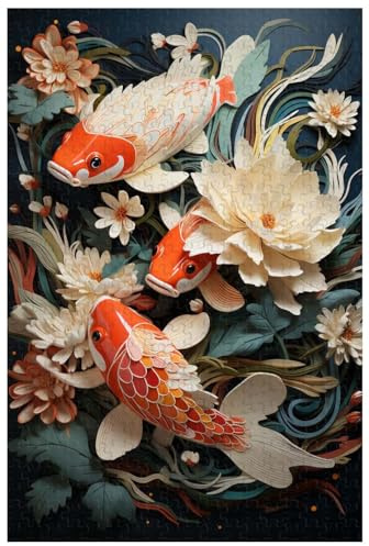 For adult, 1000 piece wooden jigsaw puzzle, for Koi jumping in a retro loft pavilion garden stream, National style art (d ; 1000)