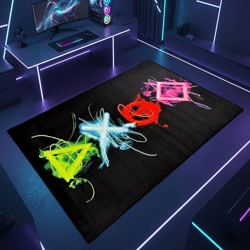 Teppich-Traum Gaming Teppich Neon Icons Schwarz 140x200 cm | Leuchtende Gaming-Symbole auf dunklem Hintergrund, rutschfest, robust, pflegeleicht und angenehm in der täglichen Nutzung