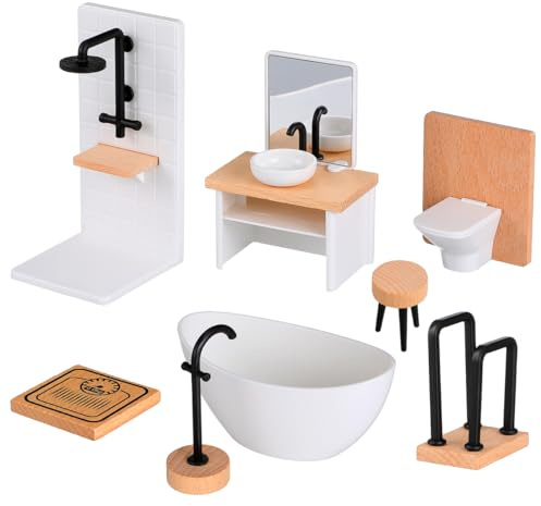Toyvian 8Pcs Dollhouse Bathroom Set 1 12 Scale Miniature Bathroom Furniture with Bathtub Toilet Sink Wooden Cabinet Realistic Dollhouse Accessories for Mini Shower Room Decor