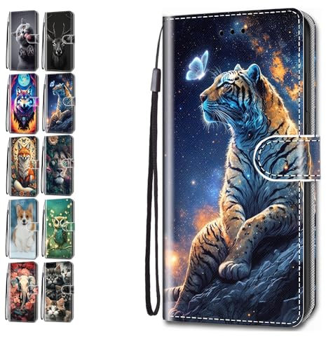 Leder Hülle für iPhone 5 5S SE Tasche mit Kartenfach Tierdruck Muster Schutzhülle Handyhülle Flip Case Klapphülle Cover Mädchen Jungs - Tiger Schmetterling