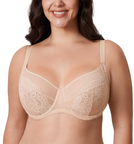 Delimira Women's Lace Bra Plus Size Full Coverage Underwire Unlined Bras Beige 38G