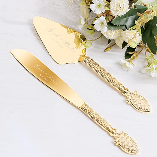 TUKDAK Tortenheber inkl. Tortenmesser im Set mit Gravur, Personalisiert Tortenheber und Servier Set, Gold Tortenmesser Hochzeit, Hochzeitsgeschenke für Brautpaare, Geburtstag, Jahrestag (Vintage)