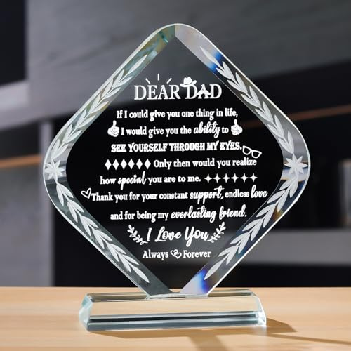 Movdyka Crystal Plaque Dad Gifts from Son Daughter on Father's Day | Glass I Love You Personalised Presents for Daddy, Birthday Christmas Keepsakes for Him, Table Plaque Decor, Home Ornaments