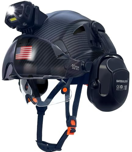 SAFEBUILDER Hard Hats with Headlight Lamp Safety Helmet with Visor Vented Adjustable Ear Muffs ANSI Z89.1 (MTBK+CSV+B07E+SHL01)