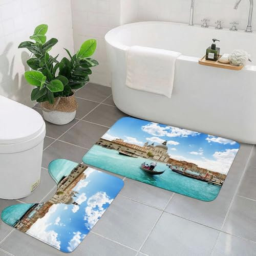 EYLOZS Badezimmerteppich Set 2 Teilig Waschbar rutschfeste Badematte Toilettenmatte Weich Saugfähige Badteppiche,Venedig, Basilika Santa Maria Della Salute am Canal Grande Luftbild Dekorativ, Beige T