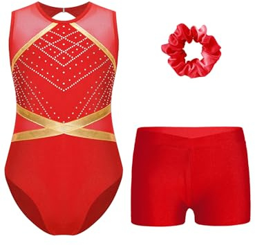 Miutii 3Pcs Mädchen Turnanzug Glitzer Gymnastikanzug mit Shorts Haarband Ärmellos Ballettanzug Ballett Trikot Leotard Wettbewerb Gymnastik Kleidung A Rot 134-140