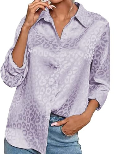 PODOLIXIA Chemisier en satin pour femme - Élégant - Manches longues - Avec boutons - Soie - Col en V - Haut pour femme - Automne - Manches longues - Imprimé léopard, lilas, L