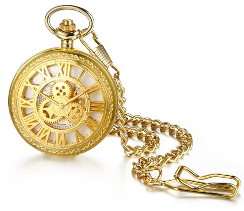 JewelryWe Taschenuhr Automatik Mechanische Herren Retro Römischen Ziffern Steampunk Skelett Uhr mit Kette