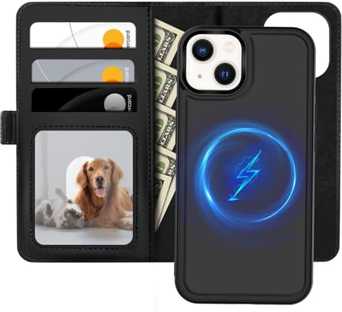 XTCASE Leder Hülle für iPhone 13 Magnetisch Kompatibel mit MagSafe, 2 in 1 Abnehmbare Handyhülle Flip Case [Kabelloses Laden] [Kartenfach] [Ständer] Klappbare Klapphülle, Schwarz