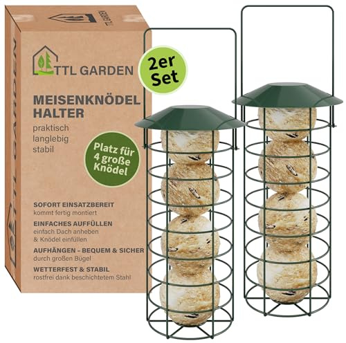 TTL Garden 2er Set 31cm Meisenknödelhalter mit Dach - rund Ø 8cm Stahl grün