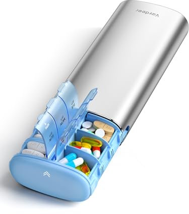 Vaydeer Portapillole settimanale per 7 giorni (supporta 2 volte al giorno), custodia da viaggio in metallo, grande capacità, per integratori, pillole, vitamine e farmaci (argento)