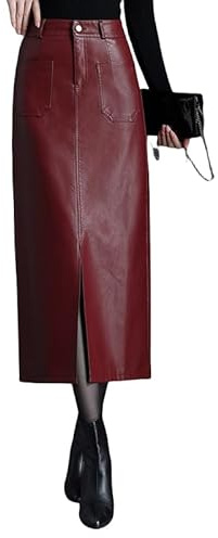 KIJSKKOPO Faldas Largas De Cuero para Mujer, Cintura Alta Roja, Abertura con Cremallera Y Botón Frontal, Falda Lápiz con Bolsillos, Sexy, Ajustada, para Uso Diario, Fiesta, Oficina, Elegante Falda