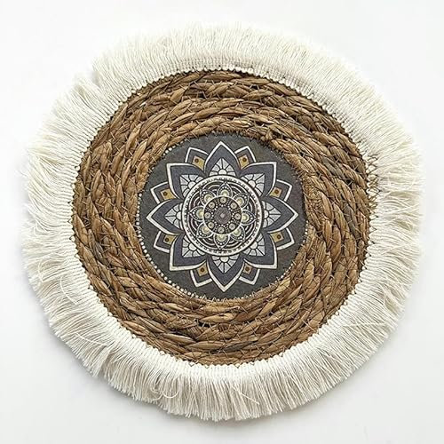 placemat, 25-35cm Round Boho With Tassels Placemats Hand-Woven Placemats Water Hyacinth Placemats, Rustic Braided Wicker Table Mats for Dining Table(1,35cm With Tassels)