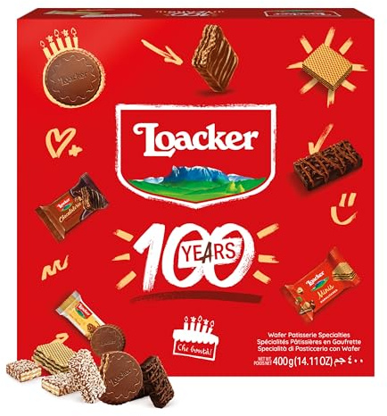 Loacker, Best of Moments 100 Years, Mix di Bontà a Base di Wafer al Cioccolato in Formato Mini, Idea Regalo, Party Box con Vassoio, Confezione Regalo con 44 Cioccolatini Monoporzione