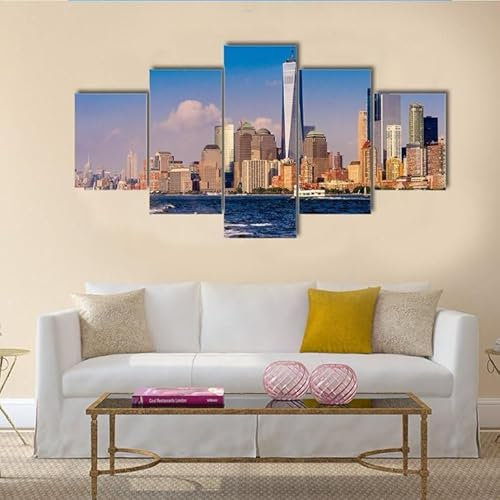 5 Stk Kunstdrück Leinwand Wandbilder Ölgemälde One Trade Center in New York Leinwanddrucke Moderne Gerahmt Gemälde für Home Wanddeko