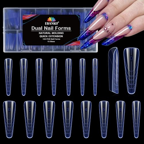EBANKU 150PCS Polygel Tips Nagelformen, Wiederverwendbar Dual Tips Nägel für Nagelverlängerung Blau Stiletto Mandel Acryl Sarg Nagel Erweiterung Tips Nagelspitzen Form, 15 Größen