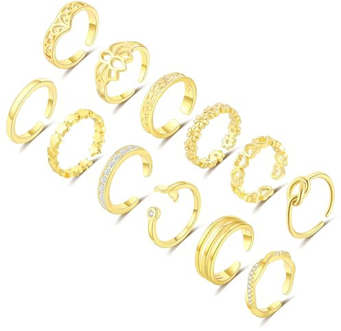 RLMOON 12 Stück Gold Zehenring für Damen 14K Vergoldete Verstellbare Offene Zehenband Ringe Delfin Blume Herz Zirkonia Zehenringe Sommer Maritim Strand Zehenringe for Frauen Mädchen Fußschmuck
