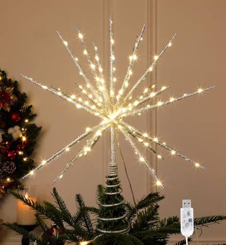 Obralitic 15 Inch Christmas Tree Star Topper with 150 LED Timer Lights & Remote, 19-Point USB Powered Lighted Silver Starburst Star Tree Topper for Indoor Holiday Party Xmas Tree Decor