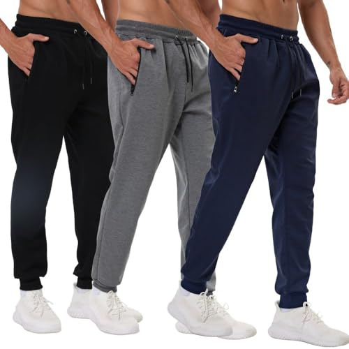 Bsrpolry 3 Pack Mens Athletic Sweatpants with Zip Pockets,Workout Gym Sweat Pants for Men Running Jogging Pants