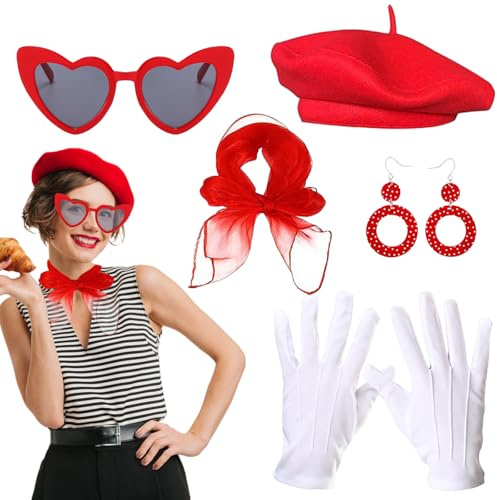 Costume français 5 pièces pour femme avec béret rouge et lunettes, écharpe, boucles d'oreilles, gants, artistes, mime, costume, cosplay, costumes pour femmes