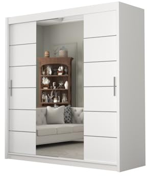 DELUXEWARE 2&3 Doors Sliding Door Wardrobe with Matt Finish – Bedroom Wardrobe with Full Length Mirror, Hanging Rail & Shelves | Strong MDF Storage Cabinet for Bedroom Furniture. (White, 150cm)