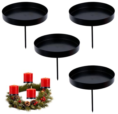 Joxessaien Kerzenhalter Adventskranz Schwarz 4er Set, Adventskerzenhalter Metall 8cm, Stabkerzenhalter & Kerzenteller, Advent Kerzenständer Rund, Kerzenstecker Halterung für Kranz & LED Kerzen