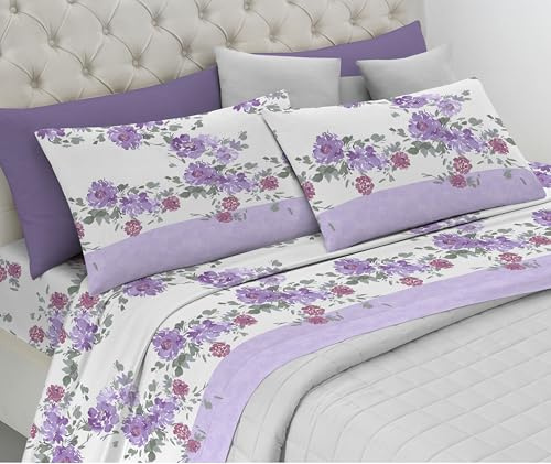 Riad Arredo Set Completo Letto 100% Cotone Morbido - Set Lenzuola con federe Mano Delicata Made in Italy (Spring Lilla, Matrimoniale Maxi)