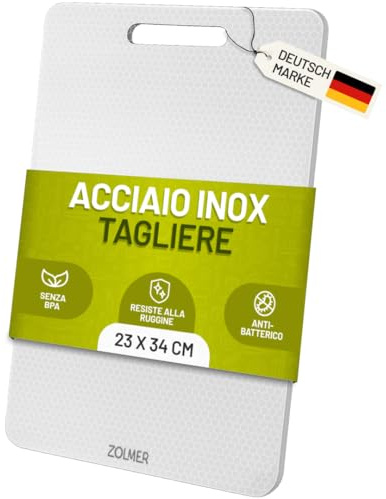 ZOLMER Tagliere in acciaio inox alimentare 34 × 23 cm antibatterico senza microplastiche, BPA-free e inodore – lavabile in lavastoviglie, leggero, con superficie anti-graffio per cucina