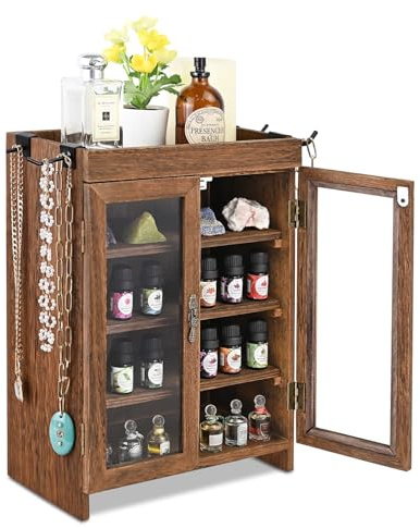 Ikee Design Kleiner Holzschrank mit verstellbaren Regalen und abnehmbaren Haken, perfekt für Parfüm, Speisekammer, ätherisches Öl, 26 x 15 x 37 cm, Braun