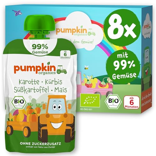 Pumpkin Organics Bio Gemüse-Quetschie mit 99% Gemüse 8x100g | Bio Gemüse-Quetschie: Karotte, Kürbis, Süßkartoffel, Mais und etwas Öl; ab 6 Monaten; idealer Babyquetschie, Beikostsnack