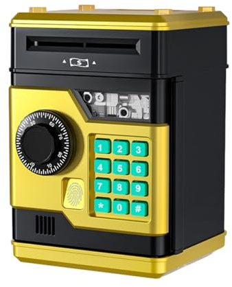 Ailan Elektronisches Sparschwein für Kinder, sicheres Münzrohr mit Fingerabdrucksensor und Zahlenschloss, stoßfest, für Geburtstage und mehr, Golden, 13.5 * 12.3 * 19