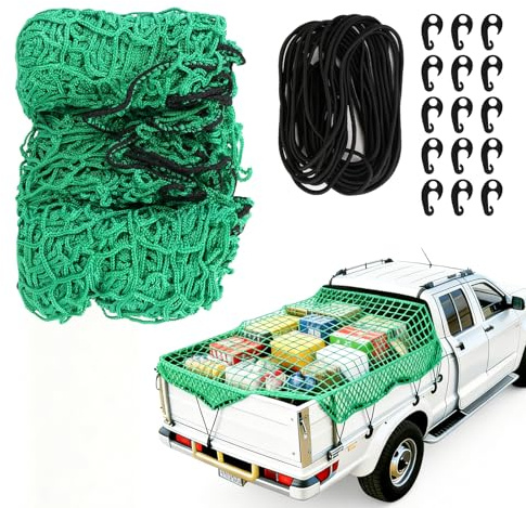 LUKYLUM Ladungsnetz für Pickup-Truck 2 x 3 m, Sicherheits-Anhängernetz | Dach-Ladungsnetz für Van,schweres LKW-Ladungsnetz,Gepäcknetz mit 15 Haken + 10m Gurt,Grün