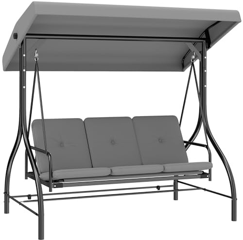 Outsunny 3 Seater Garden Swing Chair, 2 in 1 Convertible Patio Swing Seat Bed with Adjustable Canopy, Cushions and Metal Frame, Outdoor Hammock Bench Chair for Balcony, Terrace, Light Grey