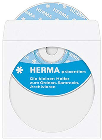 HERMA 1140 CD DVD Papier-Schutzhüllen, 100 Stück, CD Umschläge Papierleerhüllen mit Sichtfenster, DVD Schutzhüllen Papierhüllen mit Fenster, Rückseite selbstklebend, weiß