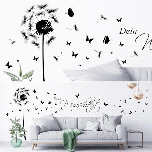 Wandtattoo Loft Pusteblume Wunschtext Löwenzahn Pollen Wohnzimmer Kinderzimmer Schmetterlinge in 30 Farben und 3 Größen