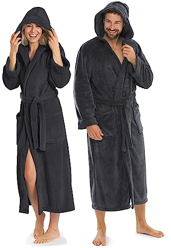 aqua-textil XS-XXXL Bademantel Kapuze Uni lang aufgesetzte Taschen Damen Herren Unisex Mikrofaser Kuschelfleece OEKO-TEX