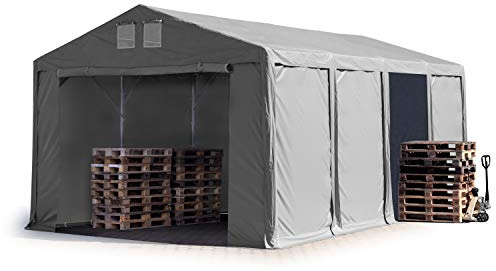 TOOLPORT Lagerzelt Industriezelt 6x8 m Zelthalle mit 3m Seitenhöhe PVC Plane 850 N grau wasserdicht Ganzjahreszelt mit Reißverschlusstor