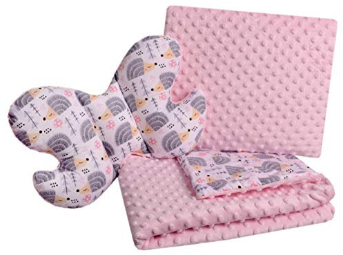 Medi Partners Babydecke Krabbeldecke Set 3in1 100% Baumwolle Minky Kinderdecke 55x75 + 35x30cm flaches Kissen und Anti-Schock-Kissen Schmetterling (graue Igel mit Hellrosa Minky)