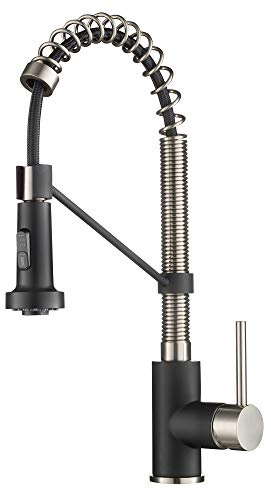 KRAUS Bolden 18-Inch Single Handle Spot Free Stainless Steel/Matte Black Commercial Style Pull-Down Kitchen Faucet with Dual Function Sprayer, KPF-1610SFSMB (Pack of 1)