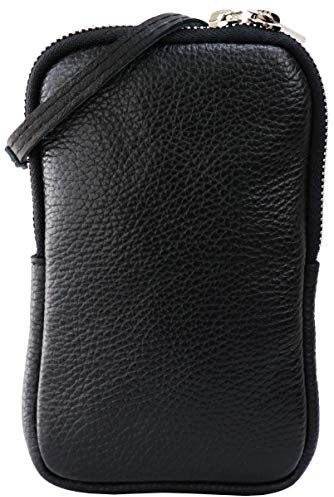 SH Leder Damen Echtleder Handytasche Umhängetasche Geldbörse Multifunktion Beutel Mini Bote Abnehmbar Verstellbar Schultergurt Handy bis 6,8 Zoll 11x18cm Jana G269 (Schwarz)