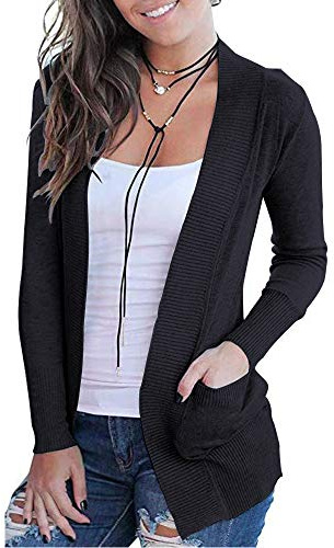 VOIANLIMO Women Open Front Casual Long Sleeve Knit Lightweight Soft Classic Black Cardigans Sweaters with Pockets L Size
