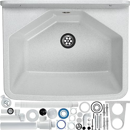 gospo Ausgussbecken mit Siphon, 46 x 37 x 20 cm, Waschbecken aus Kunststoff, Waschtrog für Garage, Keller, Waschküche, Werkstatt, Wandmontage, in Platte, Spülbecken inkl. Zubehör (weiß)