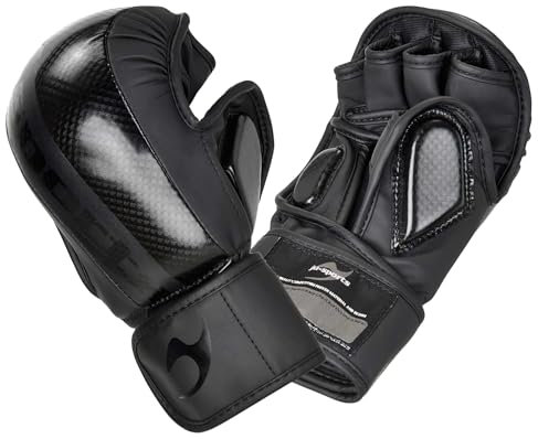 Ju-Sports MMA Sparring Handschuhe Carbon - Assassin schwarz, PU I Allkampf/MMA Handschuhe mit Handrückenpolster I Robuster Daumen- & Ballenschutz fürs Training I Größe M